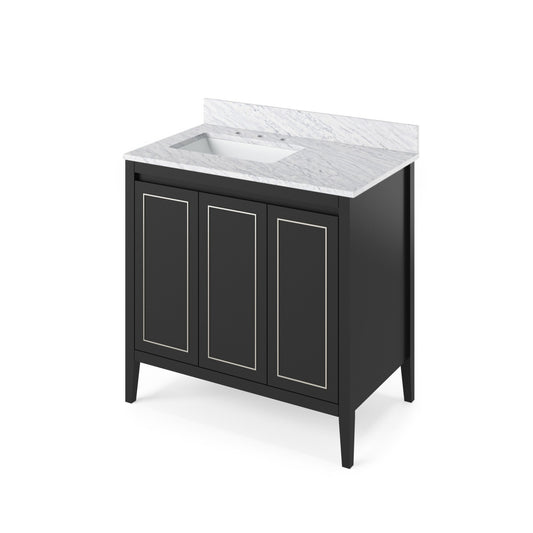 Hardware Resources Jeffrey Alexander Percival 36" Black Freestanding Vanity With Left Offset, White Carrara Marble Vanity Top, Backsplash and Rectangle Undermount Sink