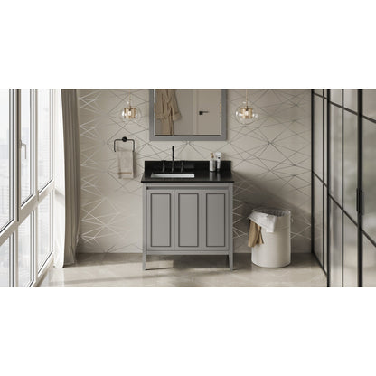 Hardware Resources Jeffrey Alexander Percival 36" Grey Freestanding Vanity With Left Offset, Black Granite Vanity Top, Backsplash and Rectangle Undermount Sink