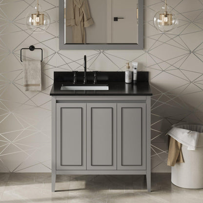 Hardware Resources Jeffrey Alexander Percival 36" Grey Freestanding Vanity With Left Offset, Black Granite Vanity Top, Backsplash and Rectangle Undermount Sink