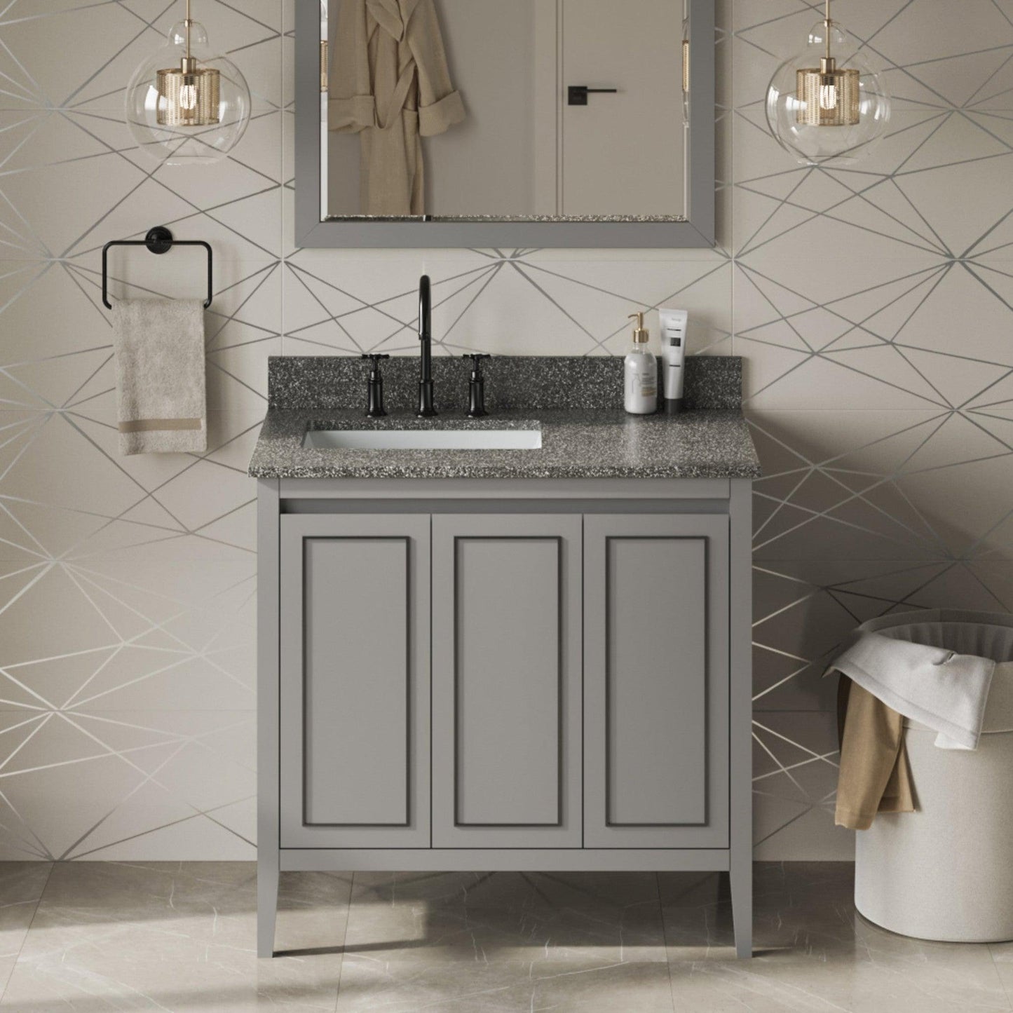 Hardware Resources Jeffrey Alexander Percival 36" Grey Freestanding Vanity With Left Offset, Boulder Vanity Cultured Marble Vanity Top, Backsplash and Rectangle Undermount Sink