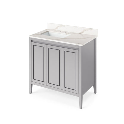 Hardware Resources Jeffrey Alexander Percival 36" Grey Freestanding Vanity With Left Offset, Calacatta Vienna Quartz Vanity Top, Backsplash and Rectangle Undermount Sink