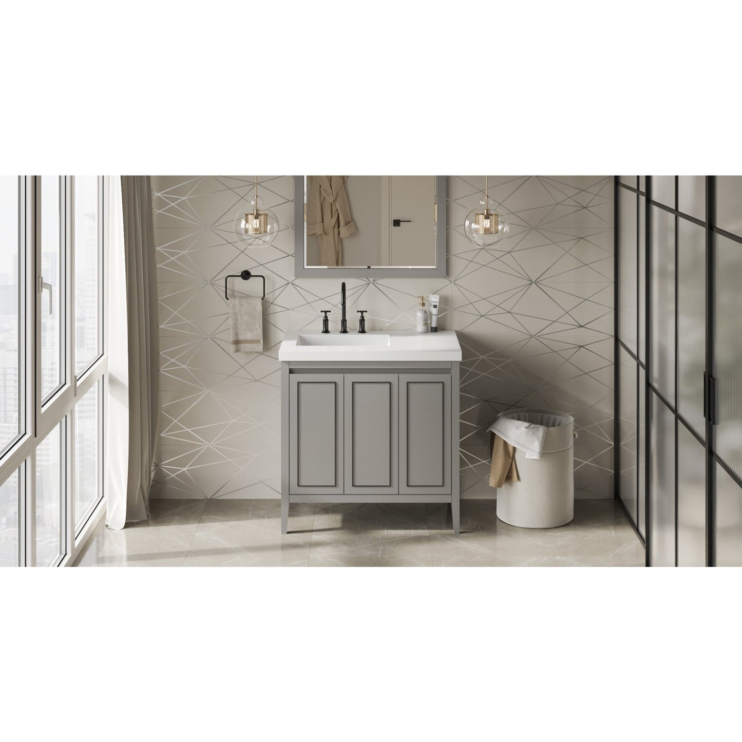 Hardware Resources Jeffrey Alexander Percival 36" Grey Freestanding Vanity With Left Offset, Lavante Cultured Marble Vessel Vanity Top , Backsplash and Rectangle Undermount Sink