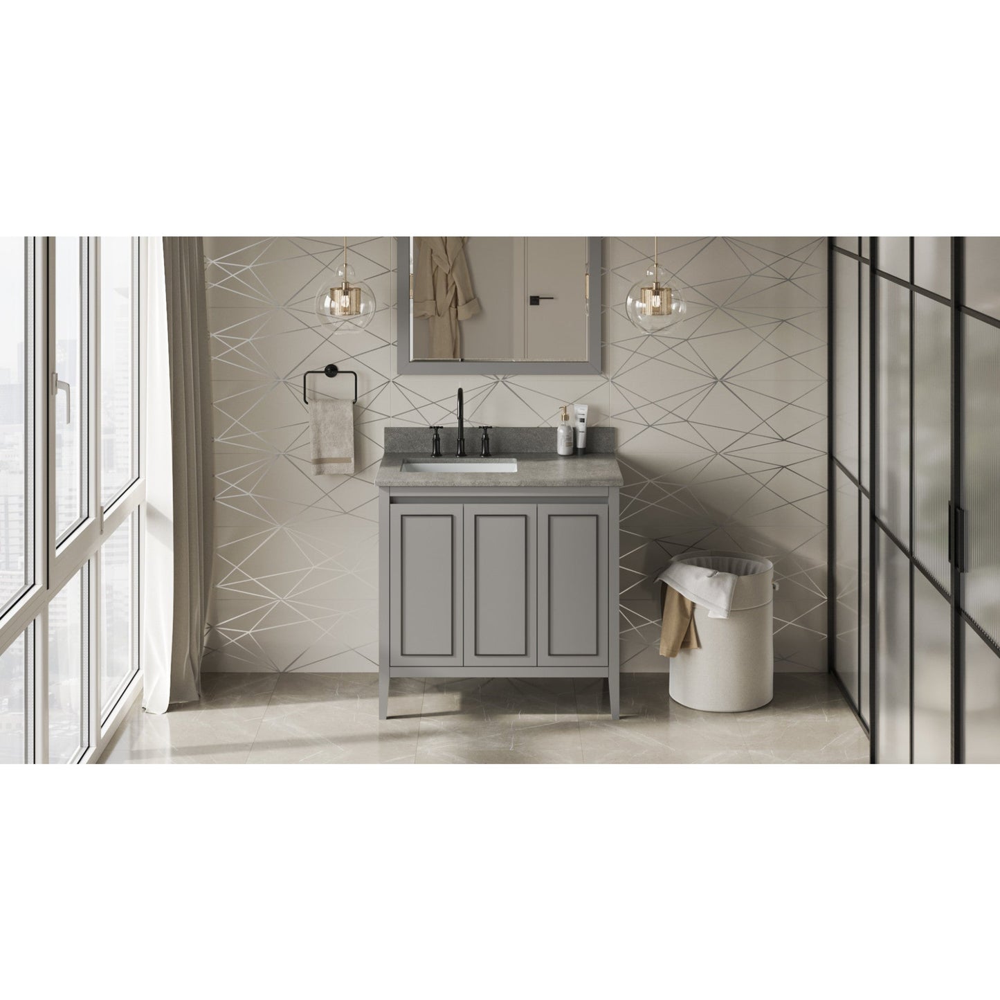 Hardware Resources Jeffrey Alexander Percival 36" Grey Freestanding Vanity With Left Offset, Steel Gray Cultured Marble Vanity Top, Backsplash and Rectangle Undermount Sink