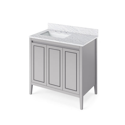 Hardware Resources Jeffrey Alexander Percival 36" Grey Freestanding Vanity With Left Offset, White Carrara Marble Vanity Top, Backsplash and Rectangle Undermount Sink