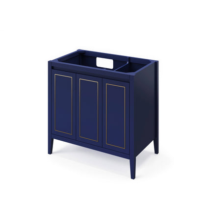 Hardware Resources Jeffrey Alexander Percival 36" Hale Blue Freestanding Vanity With Left Offset, Black Granite Vanity Top, Backsplash and Rectangle Undermount Sink