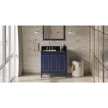 Hardware Resources Jeffrey Alexander Percival 36" Hale Blue Freestanding Vanity With Left Offset, Black Granite Vanity Top, Backsplash and Rectangle Undermount Sink