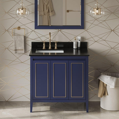 Hardware Resources Jeffrey Alexander Percival 36" Hale Blue Freestanding Vanity With Left Offset, Black Granite Vanity Top, Backsplash and Rectangle Undermount Sink