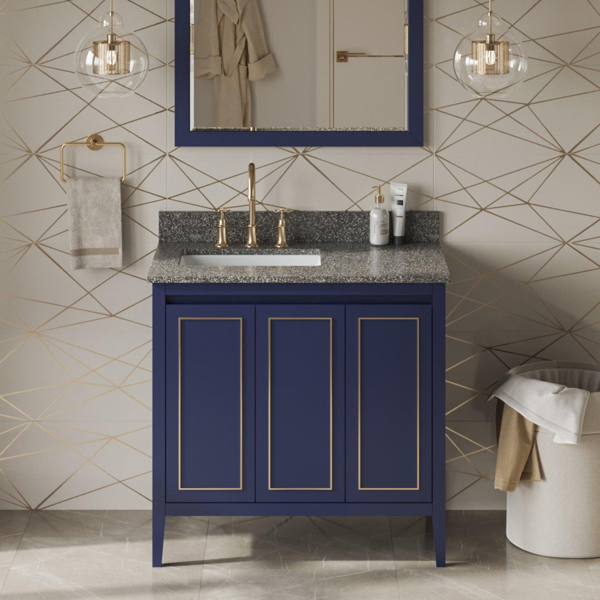 Hardware Resources Jeffrey Alexander Percival 36" Hale Blue Freestanding Vanity With Left Offset, Boulder Vanity Cultured Marble Vanity Top, Backsplash and Rectangle Undermount Sink