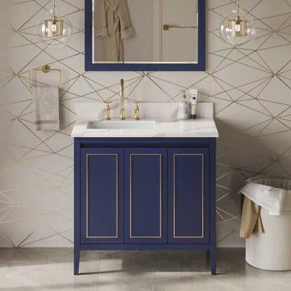 Hardware Resources Jeffrey Alexander Percival 36" Hale Blue Freestanding Vanity With Left Offset, Calacatta Vienna Quartz Vanity Top, Backsplash and Rectangle Undermount Sink