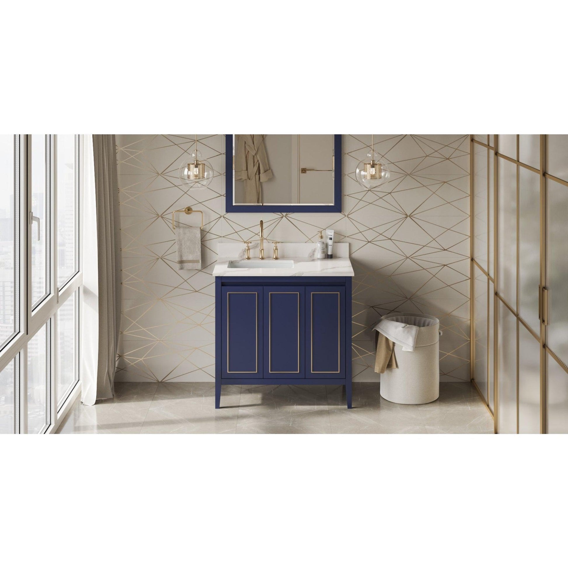 Hardware Resources Jeffrey Alexander Percival 36" Hale Blue Freestanding Vanity With Left Offset, Calacatta Vienna Quartz Vanity Top, Backsplash and Rectangle Undermount Sink