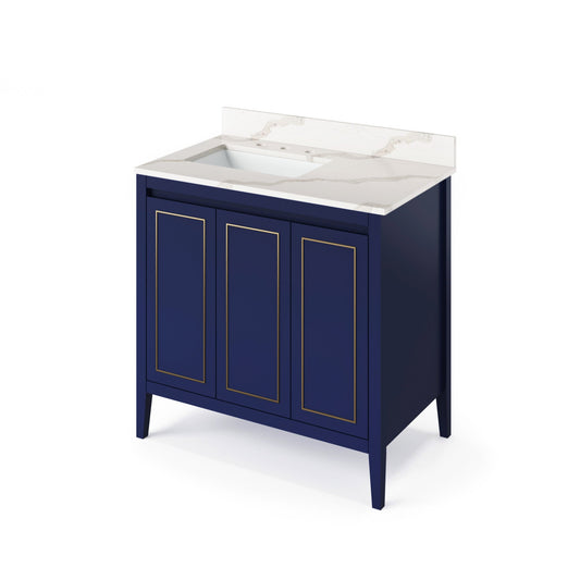 Hardware Resources Jeffrey Alexander Percival 36" Hale Blue Freestanding Vanity With Left Offset, Calacatta Vienna Quartz Vanity Top, Backsplash and Rectangle Undermount Sink