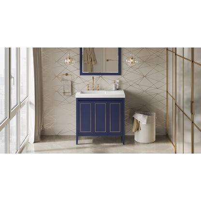 Hardware Resources Jeffrey Alexander Percival 36" Hale Blue Freestanding Vanity With Left Offset, Lavante Cultured Marble Vessel Vanity Top , Backsplash and Rectangle Undermount Sink