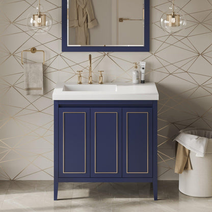 Hardware Resources Jeffrey Alexander Percival 36" Hale Blue Freestanding Vanity With Left Offset, Lavante Cultured Marble Vessel Vanity Top , Backsplash and Rectangle Undermount Sink