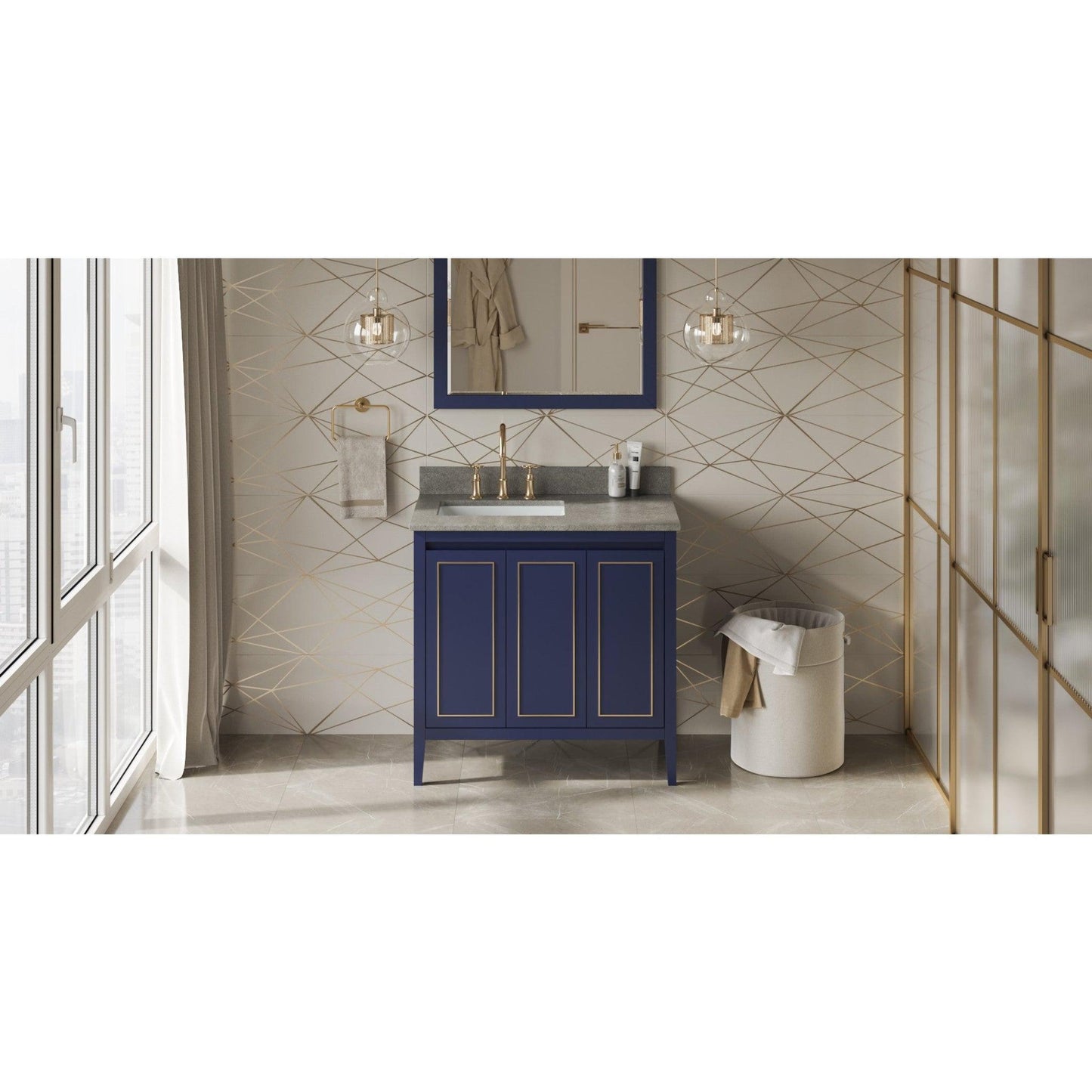 Hardware Resources Jeffrey Alexander Percival 36" Hale Blue Freestanding Vanity With Left Offset, Steel Gray Cultured Marble Vanity Top, Backsplash and Rectangle Undermount Sink