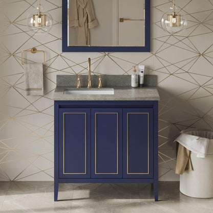 Hardware Resources Jeffrey Alexander Percival 36" Hale Blue Freestanding Vanity With Left Offset, Steel Gray Cultured Marble Vanity Top, Backsplash and Rectangle Undermount Sink