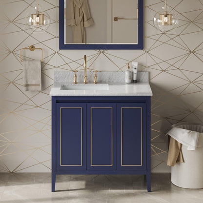 Hardware Resources Jeffrey Alexander Percival 36" Hale Blue Freestanding Vanity With Left Offset, White Carrara Marble Vanity Top, Backsplash and Rectangle Undermount Sink