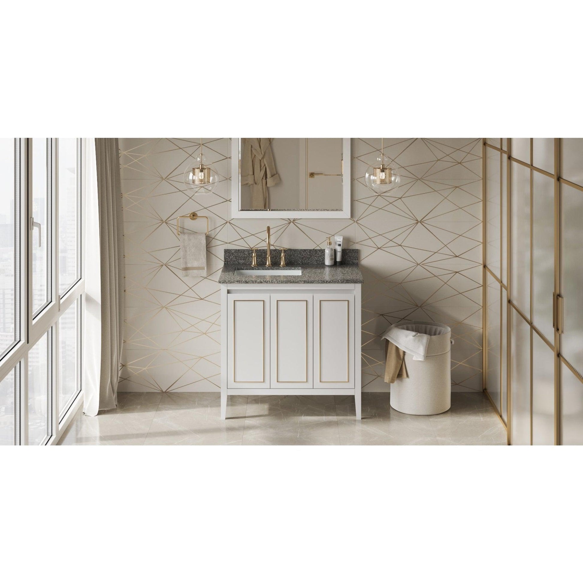 Hardware Resources Jeffrey Alexander Percival 36" White Freestanding Vanity With Left Offset, Boulder Vanity Cultured Marble Vanity Top, Backsplash and Rectangle Undermount Sink