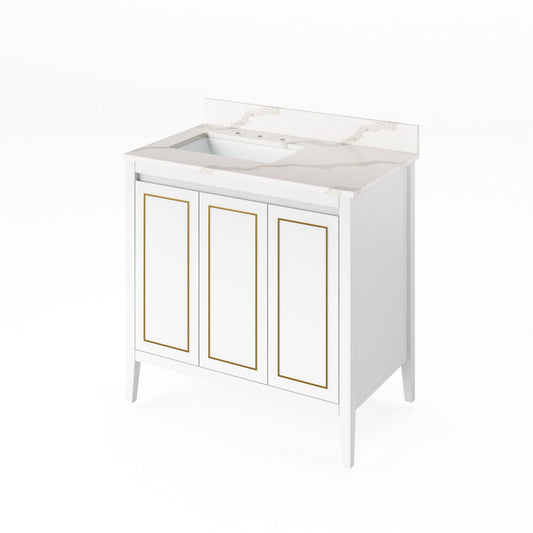 Hardware Resources Jeffrey Alexander Percival 36" White Freestanding Vanity With Left Offset, Calacatta Vienna Quartz Vanity Top, Backsplash and Rectangle Undermount Sink