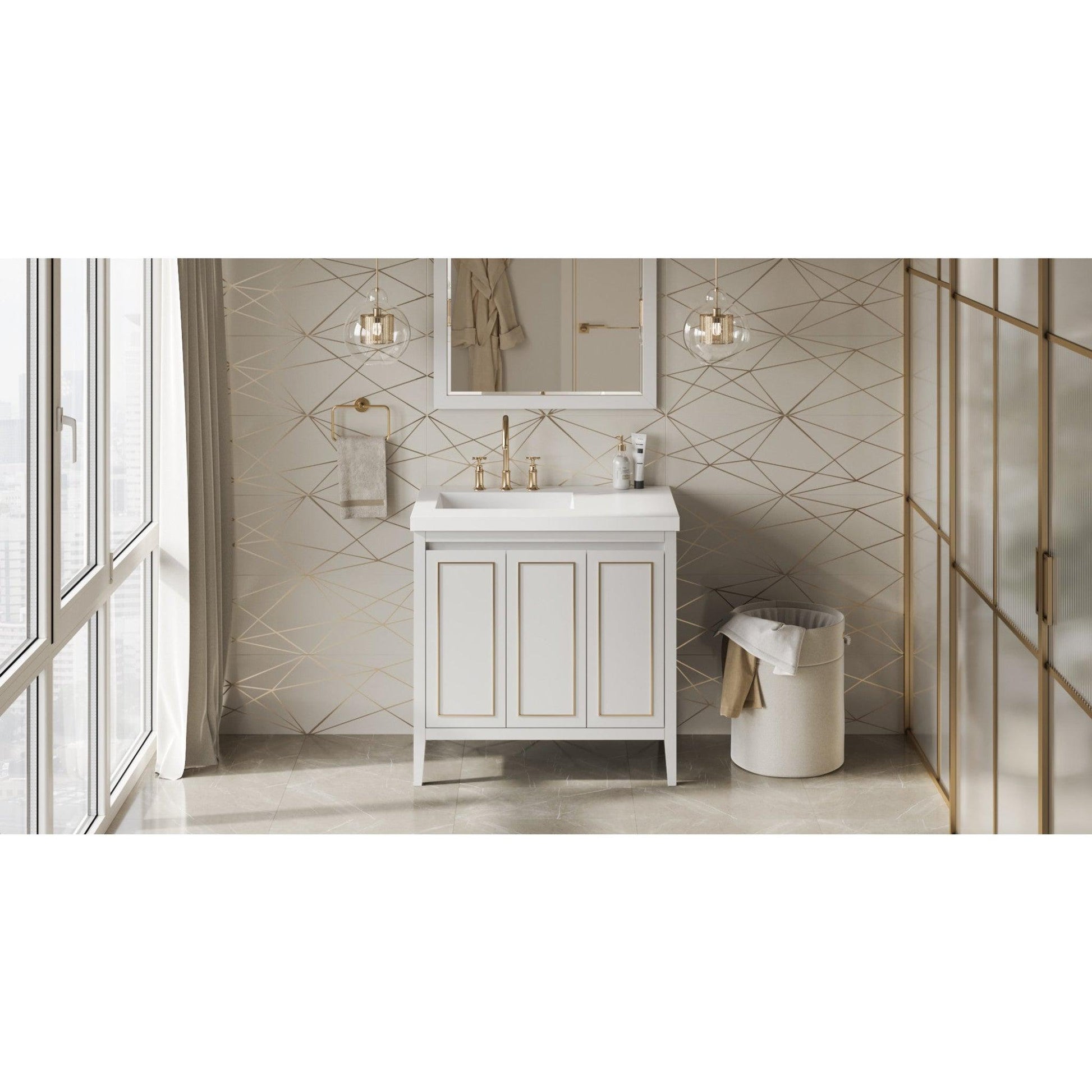 Hardware Resources Jeffrey Alexander Percival 36" White Freestanding Vanity With Left Offset, Lavante Cultured Marble Vessel Vanity Top , Backsplash and Rectangle Undermount Sink