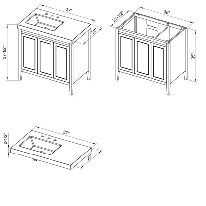 Hardware Resources Jeffrey Alexander Percival 36" White Freestanding Vanity With Left Offset, Lavante Cultured Marble Vessel Vanity Top , Backsplash and Rectangle Undermount Sink