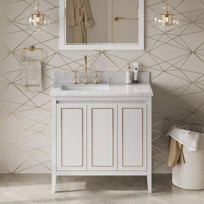 Hardware Resources Jeffrey Alexander Percival 36" White Freestanding Vanity With Left Offset, White Carrara Marble Vanity Top, Backsplash and Rectangle Undermount Sink