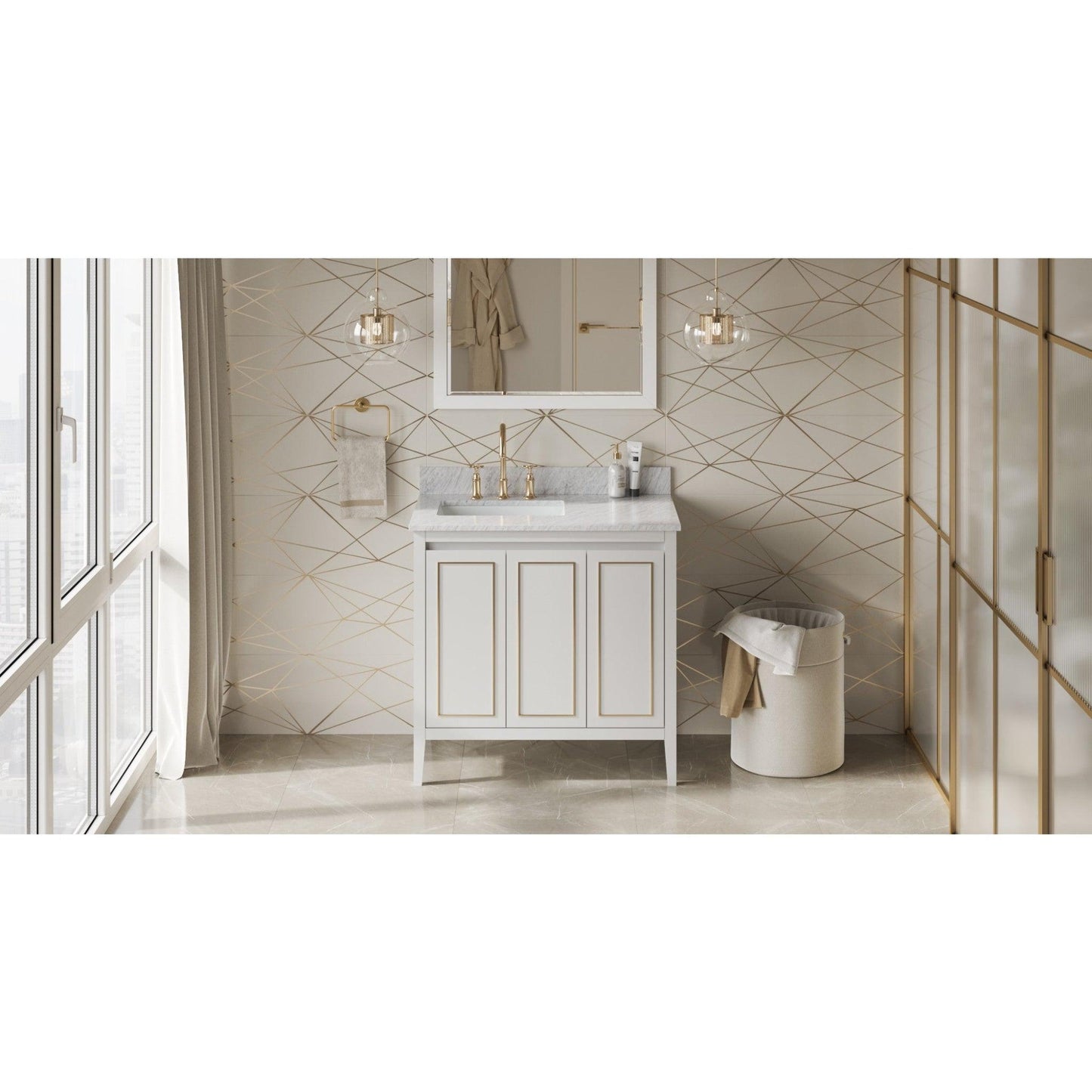 Hardware Resources Jeffrey Alexander Percival 36" White Freestanding Vanity With Left Offset, White Carrara Marble Vanity Top, Backsplash and Rectangle Undermount Sink