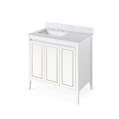 Hardware Resources Jeffrey Alexander Percival 36" White Freestanding Vanity With Left Offset, White Carrara Marble Vanity Top, Backsplash and Rectangle Undermount Sink