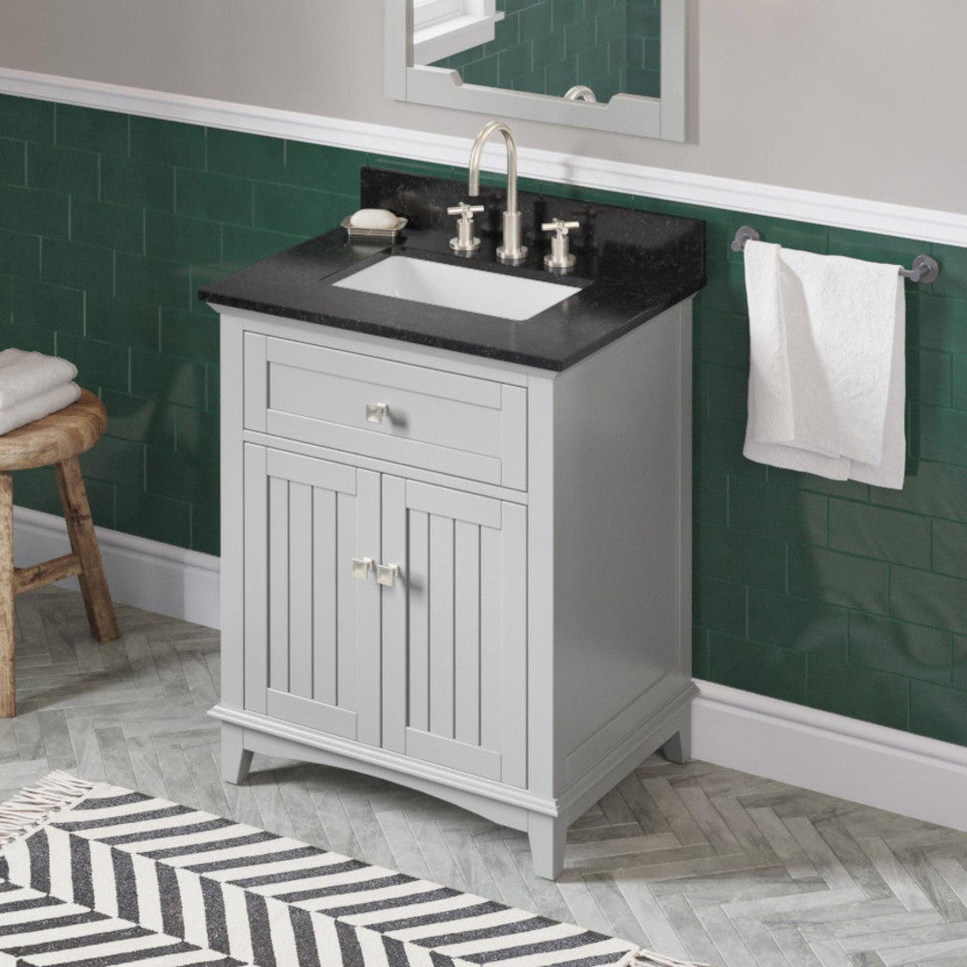 Hardware Resources Jeffrey Alexander Savino 30" Gray Freestanding Vanity With Black Granite Vanity Top, Backsplash and Rectangle Undermount Sink