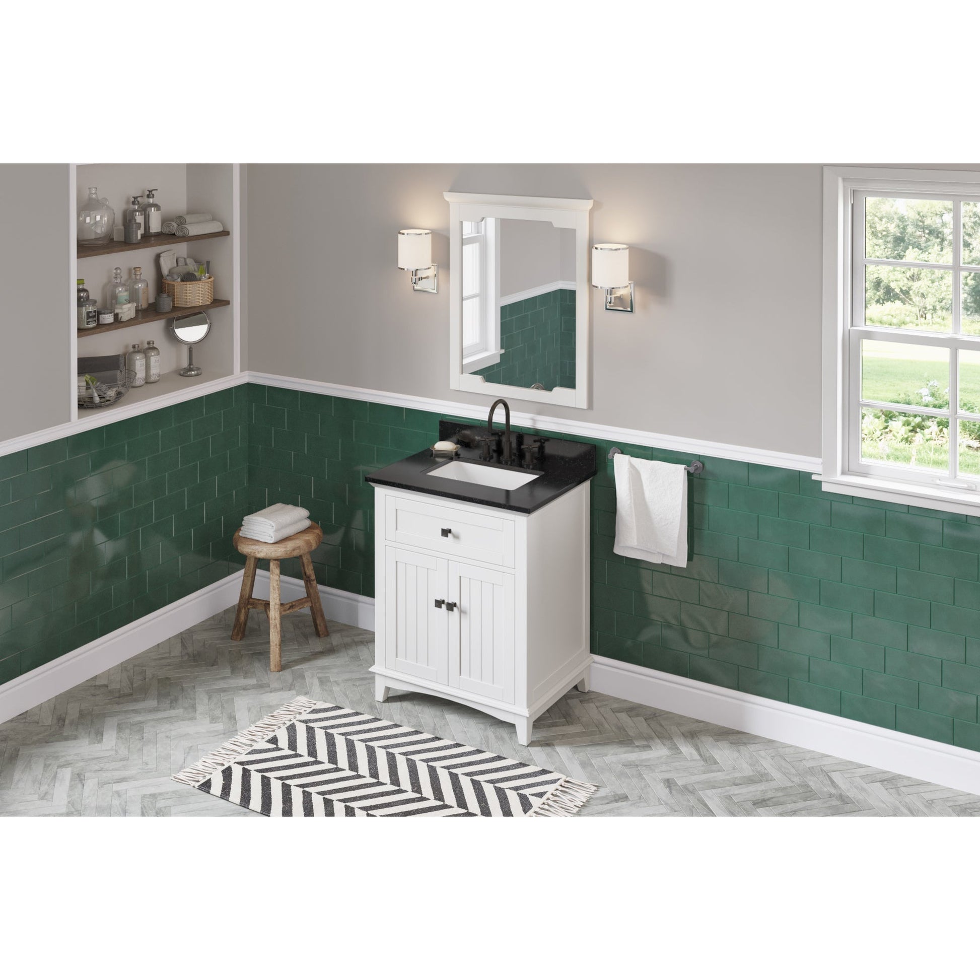 Hardware Resources Jeffrey Alexander Savino 30" White Freestanding Vanity With Black Granite Vanity Top, Backsplash and Rectangle Undermount Sink