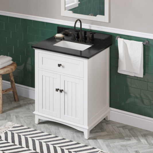 Hardware Resources Jeffrey Alexander Savino 30" White Freestanding Vanity With Black Granite Vanity Top, Backsplash and Rectangle Undermount Sink