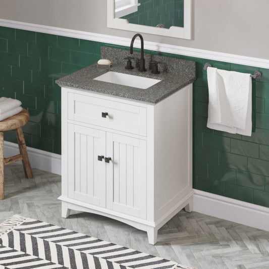 Hardware Resources Jeffrey Alexander Savino 30" White Freestanding Vanity With Boulder Cultured Marble Vanity Top, Backsplash and Rectangle Undermount Sink