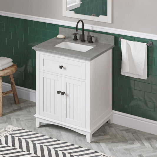 Hardware Resources Jeffrey Alexander Savino 30" White Freestanding Vanity With Steel Gray Cultured Marble Vanity Top, Backsplash and Rectangle Undermount Sink