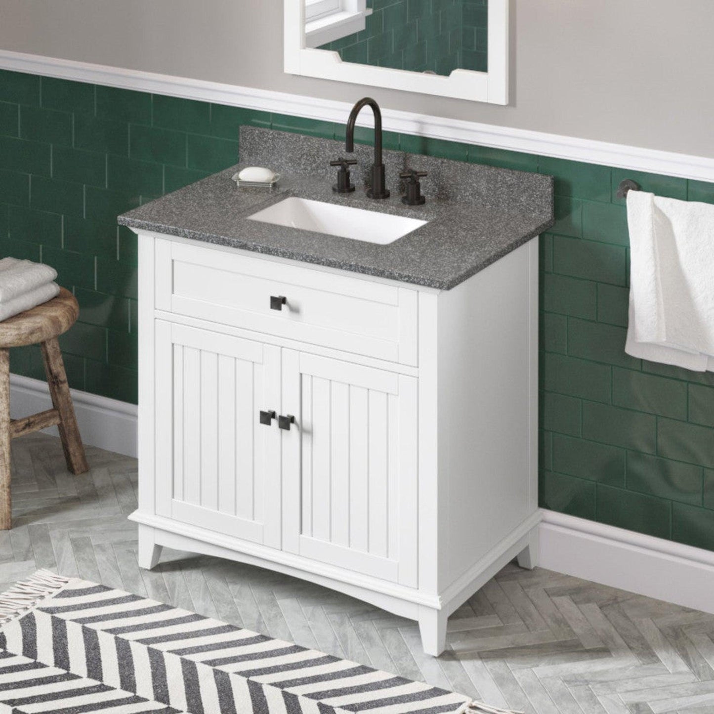 Hardware Resources Jeffrey Alexander Savino 36" White Freestanding Vanity With Boulder Cultured Marble Vanity Top, Backsplash and Rectangle Undermount Sink