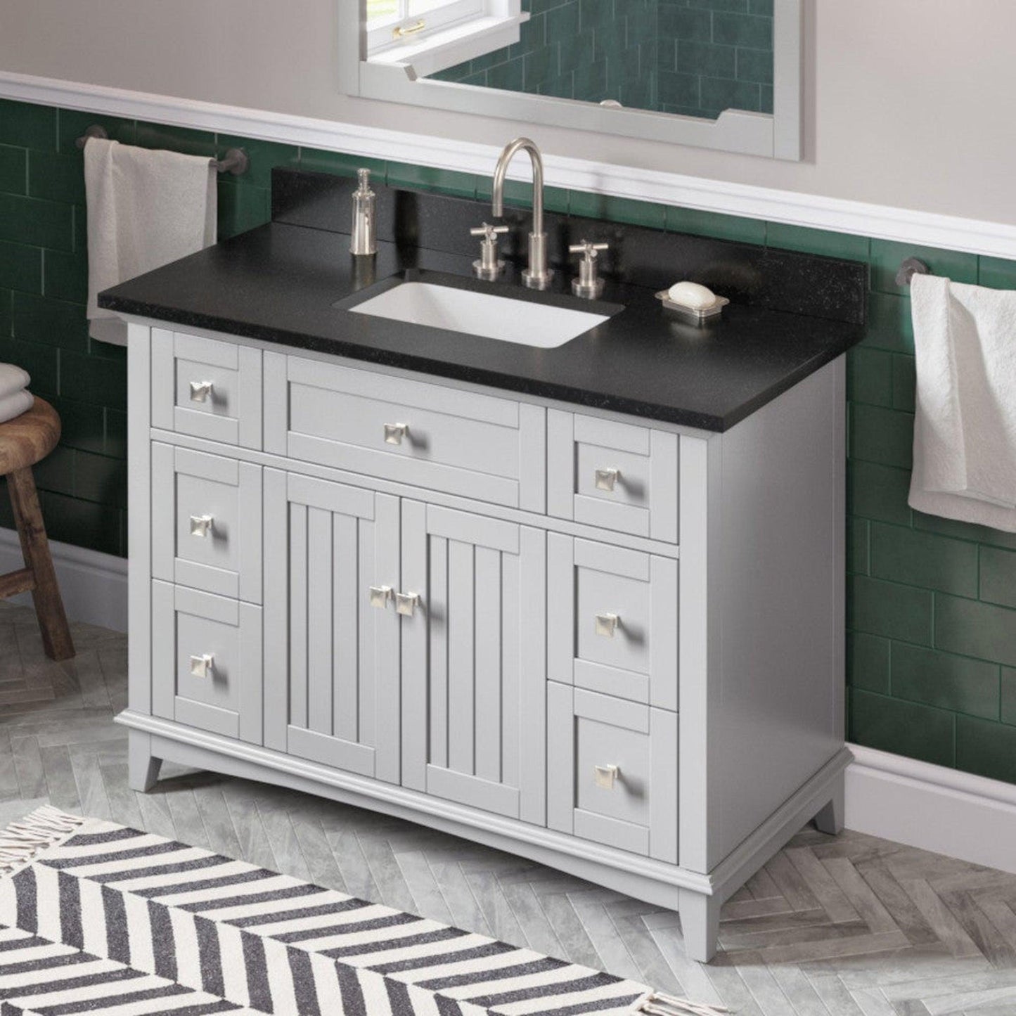 Hardware Resources Jeffrey Alexander Savino 48" Gray Freestanding Vanity With Black Granite Vanity Top, Backsplash and Rectangle Undermount Sink