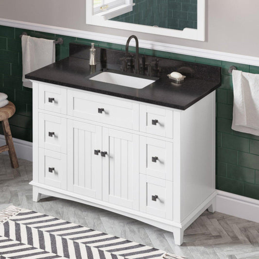 Hardware Resources Jeffrey Alexander Savino 48" White Freestanding Vanity With Black Granite Vanity Top, Backsplash and Rectangle Undermount Sink