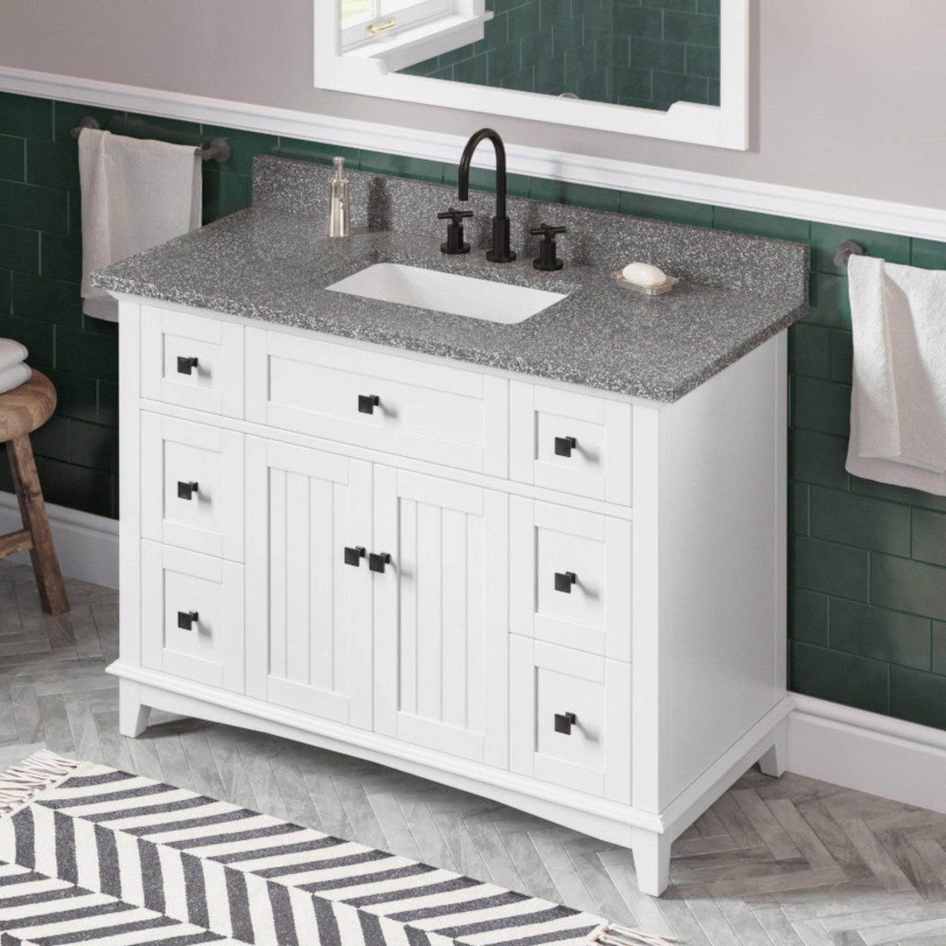 Hardware Resources Jeffrey Alexander Savino 48" White Freestanding Vanity With Boulder Cultured Marble Vanity Top, Backsplash and Rectangle Undermount Sink