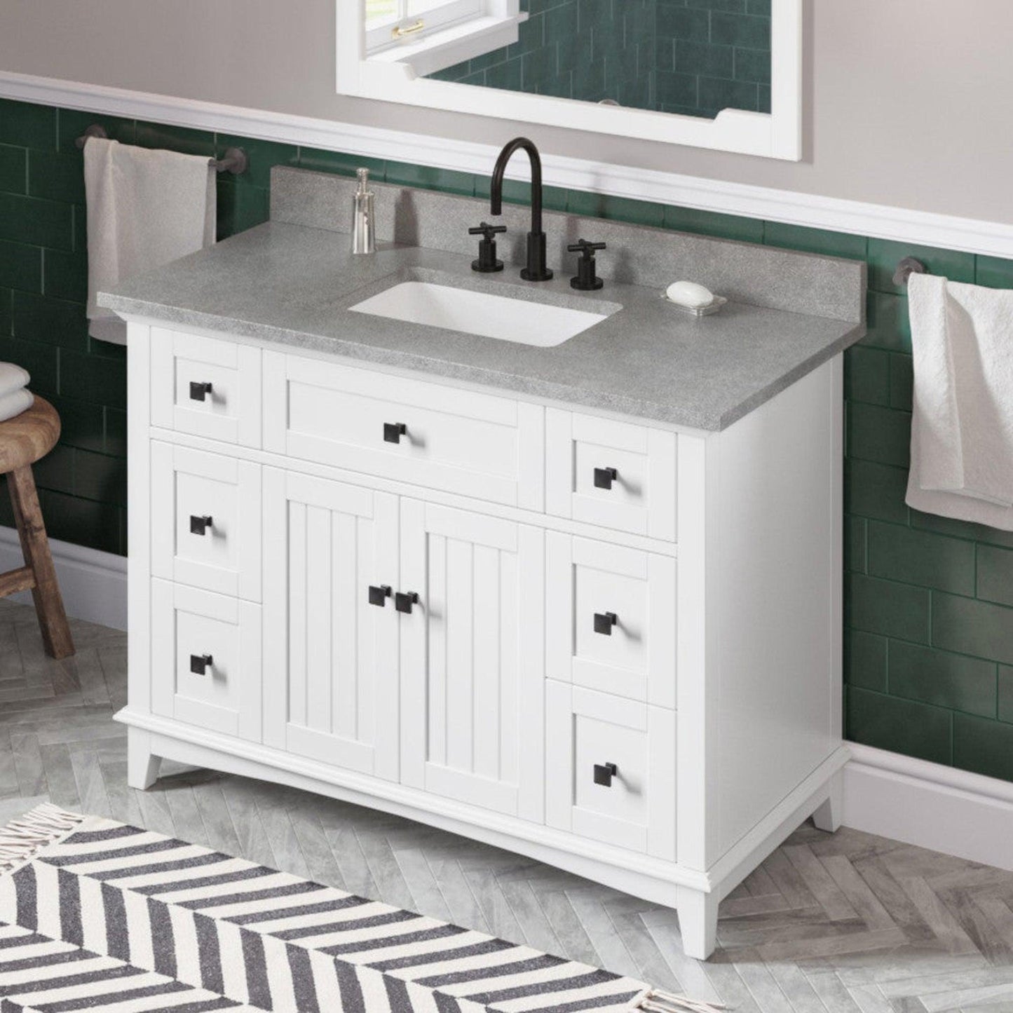 Hardware Resources Jeffrey Alexander Savino 48" White Freestanding Vanity With Steel Gray Cultured Marble Vanity Top, Backsplash and Rectangle Undermount Sink