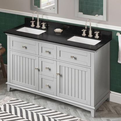 Hardware Resources Jeffrey Alexander Savino 60" Gray Freestanding Vanity With Double Bowl, Black Granite Vanity Top, Backsplash and Rectangle Undermount Sink