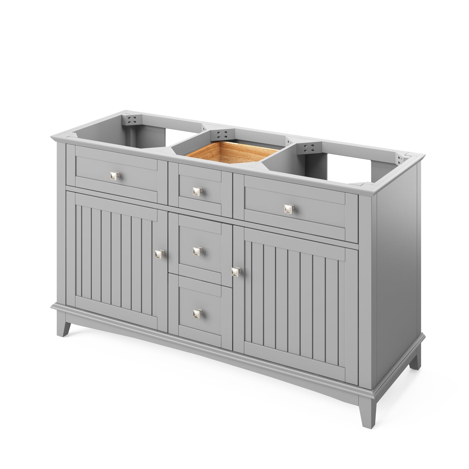 Hardware Resources Jeffrey Alexander Savino 60" Gray Freestanding Vanity With Double Bowl, Boulder Cultured Marble Vanity Top, Backsplash and Rectangle Undermount Sink