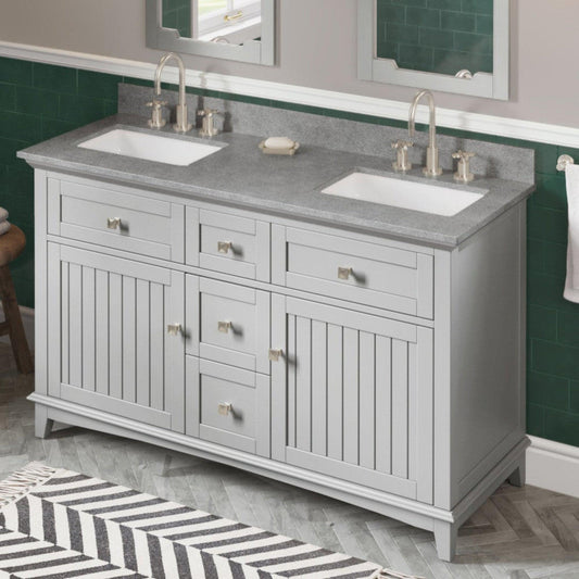 Hardware Resources Jeffrey Alexander Savino 60" Gray Freestanding Vanity With Double Bowl, Steel Gray Cultured Marble Vanity Top, Backsplash and Rectangle Undermount Sink