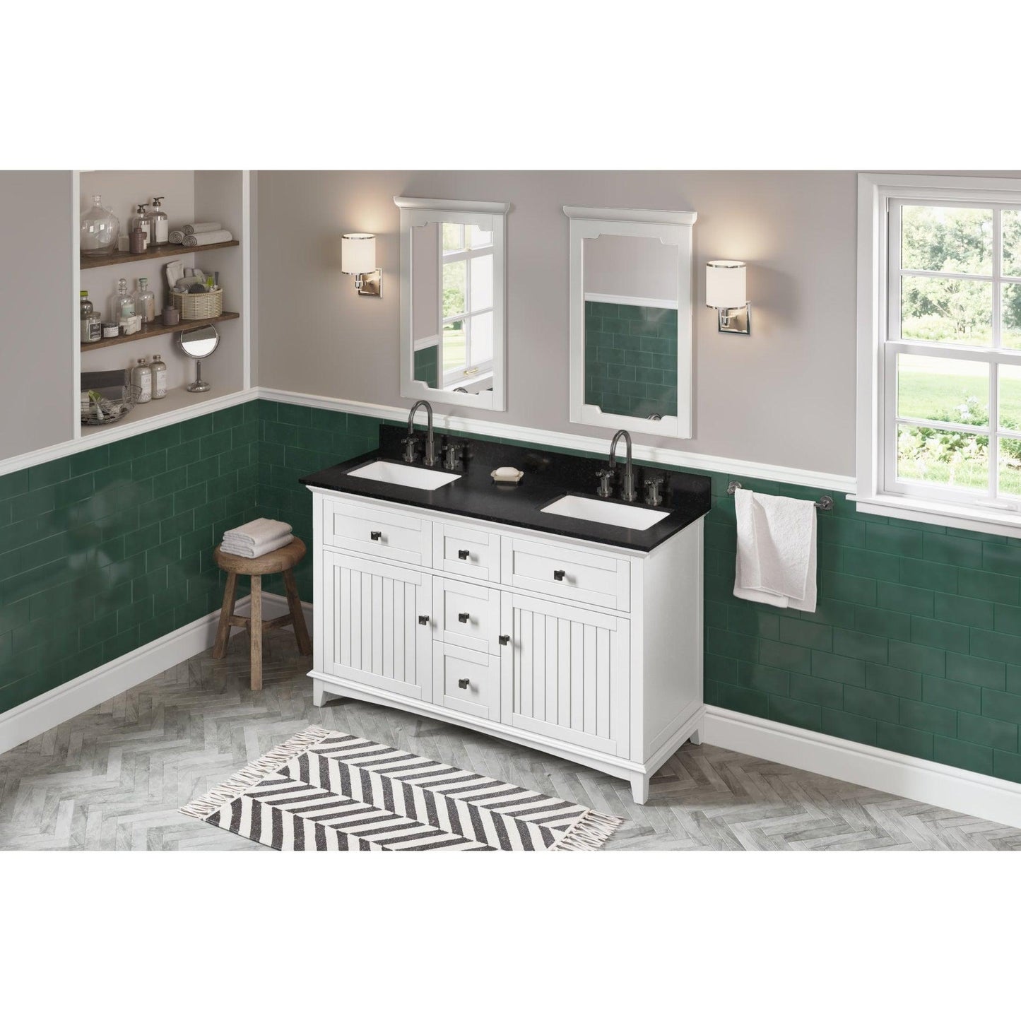 Hardware Resources Jeffrey Alexander Savino 60" White Freestanding Vanity With Double Bowl, Black Granite Vanity Top, Backsplash and Rectangle Undermount Sink