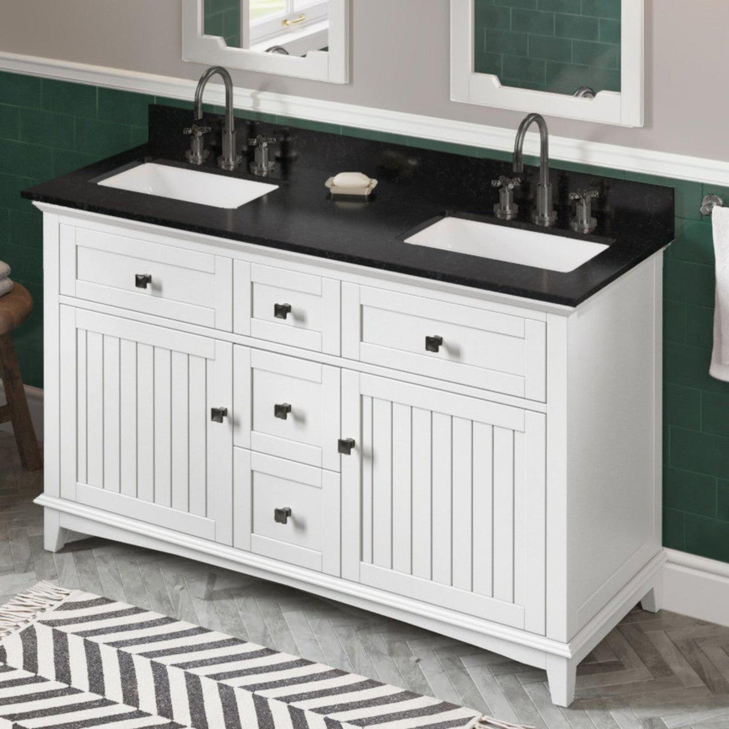 Hardware Resources Jeffrey Alexander Savino 60" White Freestanding Vanity With Double Bowl, Black Granite Vanity Top, Backsplash and Rectangle Undermount Sink