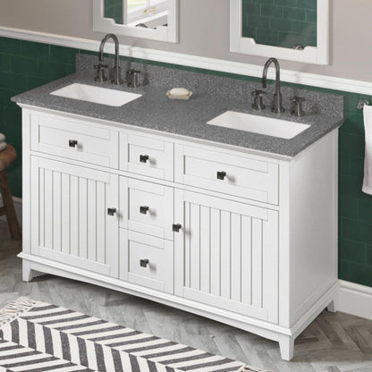 Hardware Resources Jeffrey Alexander Savino 60" White Freestanding Vanity With Double Bowl, Boulder Cultured Marble Vanity Top, Backsplash and Rectangle Undermount Sink