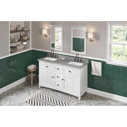 Hardware Resources Jeffrey Alexander Savino 60" White Freestanding Vanity With Double Bowl, Steel Gray Cultured Marble Vanity Top, Backsplash and Rectangle Undermount Sink