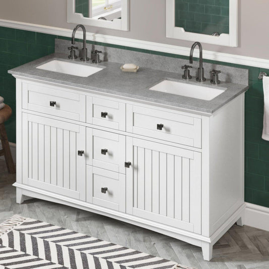 Hardware Resources Jeffrey Alexander Savino 60" White Freestanding Vanity With Double Bowl, Steel Gray Cultured Marble Vanity Top, Backsplash and Rectangle Undermount Sink