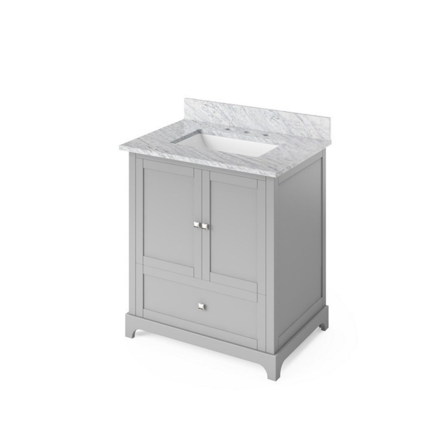 Hardware Resources Jeffrey Alexander Silver Label Addington 30" 2-Door 1-Drawer Gray Freestanding Vanity With White Carrara Marble Vanity Top, Backsplash and Rectangle Undermount Sink