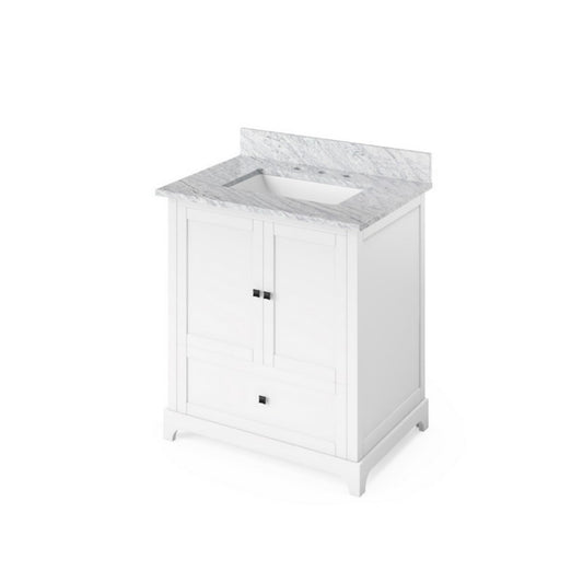 Hardware Resources Jeffrey Alexander Silver Label Addington 30" 2-Door 1-Drawer White Freestanding Vanity With White Carrara Marble Vanity Top, Backsplash and Rectangle Undermount Sink