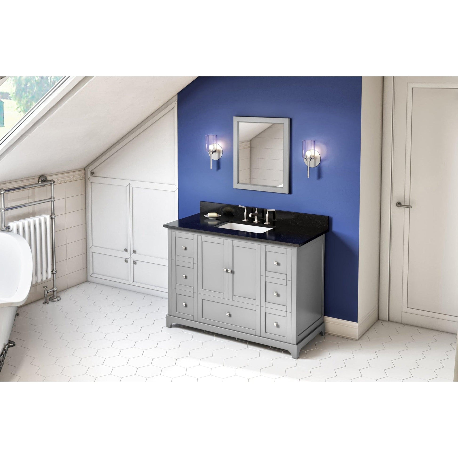 Hardware Resources Jeffrey Alexander Silver Label Addington 48" 2-Door 7-Drawer Gray Freestanding Vanity With Black Granite Vanity Top, Backsplash and Rectangle Undermount Sink