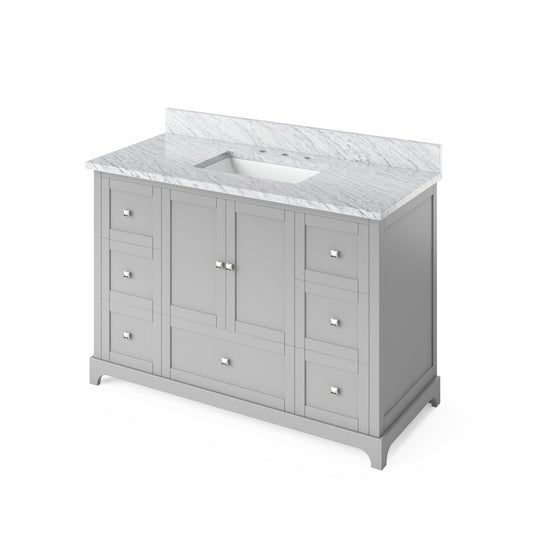 Hardware Resources Jeffrey Alexander Silver Label Addington 48" 2-Door 7-Drawer Gray Freestanding Vanity With White Carrara Marble Vanity Top, Backsplash and Rectangle Undermount Sink