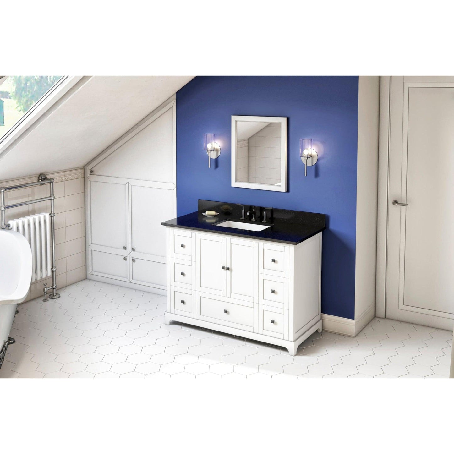 Hardware Resources Jeffrey Alexander Silver Label Addington 48" 2-Door 7-Drawer White Freestanding Vanity With Black Granite Vanity Top, Backsplash and Rectangle Undermount Sink